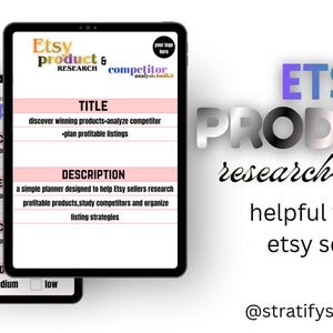 Könnte beinhalten: Zwei Tablets zeigen ein Etsy-Produkt-Recherche-Toolkit. Das Toolkit hilft Etsy-Verkäufern, profitable Produkte zu recherchieren und Wettbewerber zu analysieren. Das Bild enthält den Text "Etsy Product Research Toolkit". Die Tablets zeigen Abschnitte für Titel und Beschreibung.