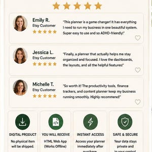 May include: A digital product information card titled TRUST & CONFIDENCE featuring five gold stars and three customer testimonials from Emily R., Jessica L., and Michelle T. It includes icons for digital delivery, HTML web app access, and security.