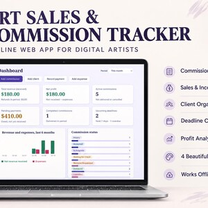 May include: A laptop displaying an Art Sales & Commission Tracker dashboard with financial data, revenue charts, and commission status. The interface includes buttons for adding commissions, clients, payments, and expenses for digital artists.