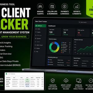 Op de afbeelding: Een digitaal klantbeheersysteem weergegeven op een laptop- en smartphonescherm. De interface bevat een donker dashboard met grafieken, omzetgegevens en statusvolging van klanten, inclusief een spreadsheetweergave.