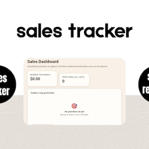 May include: A digital sales tracker dashboard interface featuring the text Sales Dashboard, Revenue This Month $0.00, Open Tasks 0, and Today's top priorities. Two black circles flank the interface with the text sales tracker and sales revenue.