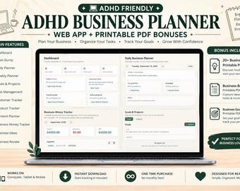 ADHD Business Planner Web App + Printables | Small Biz Organizer (Digital Download)