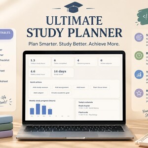 Könnte beinhalten: Ein Laptop zeigt ein Ultimate Study Planner Dashboard mit Lernstunden, Aufgaben und Zeitplänen. Der Bildschirm enthält Schnellaktionen und Fortschrittsdiagramme. Ergänzt wird dies durch eine Liste druckbarer PDFs und Produktivitätssymbole.