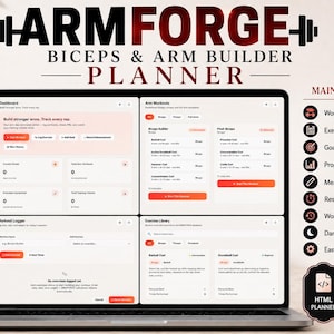 May include: A digital ArmForge Biceps & Arm Builder Planner displayed on a laptop screen. The interface features a dashboard, arm workouts, a workout logger, and an exercise library. A list of main features includes a workout logger, exercise library, goal tracker, progress tracker, measurement tracker, rest timer, workout history, dark and light mode, and easy settings and reset.