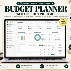 Könnte beinhalten: Ein Laptop zeigt die Benutzeroberfläche einer Budgetplaner-Web-App mit einem Dashboard, das Diagramme zu Einnahmen, Ausgaben und Ersparnissen enthält. Der Bildschirm zeigt Text, einschließlich Budget Planner und Web App.