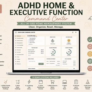 May include: A digital ADHD Home & Executive Function Command Center planner displayed on a laptop screen. The interface features a dashboard with task lists, progress charts, and appointment trackers. The layout includes text labels for main features, benefits, and ten bonus systems included in the management system.