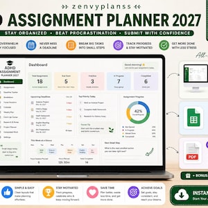 Op de afbeelding: Een digitale ADHD-opdrachtenplanner 2027 op een laptopscherm, met een dashboard voor taakbeheer, deadlines en voortgangsgrafieken. De lay-out bevat secties voor een web-app, Google Sheets en printbare PDF-bundels.