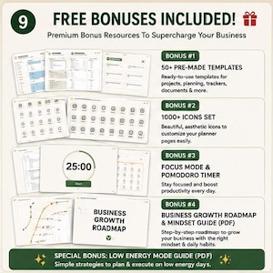 May include: An infographic titled 9 FREE BONUSES INCLUDED! listing digital resources for business. It features 50+ pre-made templates, a 1000+ icon set, a focus mode and Pomodoro timer, a business growth roadmap and mindset guide, and a low energy mode guide.