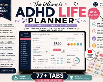 ADHD Digital Planner Web App | Focus Timer, Habit Tracker (Instant Download)