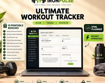 IRONPULSE Workout Planner Printable | Digital Fitness Tracker App | Gym Log Bundle Workout Journal | fitness tracker | workout tracker