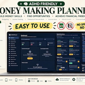 Op de afbeelding: Een digitale ADHD-vriendelijke geldplanner weergegeven op een laptopscherm. De interface bevat een donker dashboard met secties voor inkomsten, uitgaven, winst en actieve projecten, naast een lijst met functies zoals budget- en inkomstenregistratie.