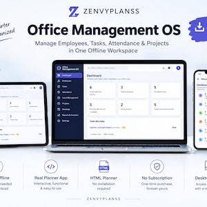 May include: A digital Office Management OS dashboard displayed on a laptop, tablet, and smartphone. The interface features sections for employees, tasks, attendance, and projects. Text includes Zenvyplanss, Work Smarter Stay Organized, and Instant Download.