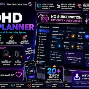 Könnte beinhalten: Ein digitales ADHD-Lebensplaner-Dashboard auf einem Laptop- und Smartphone-Bildschirm. Die Benutzeroberfläche im Dunkelmodus mit violetten und blauen Akzenten zeigt Produktivitätsmetriken, Aufgabenverfolgung und einen Fokus-Timer. Der Text umfasst ADHD LIFE PLANNER, NO SUBSCRIPTION und 20+ POWERFUL SECTIONS.