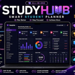 May include: A laptop displaying the StudyHub smart student planner web app interface with a dark theme, featuring a dashboard with task completion, study hours, assignment tracking, a focus timer, and a monthly calendar, surrounded by feature icons.