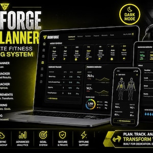 May include: A dark-themed digital fitness planner, displayed on a laptop, tablet, and smartphone. The interface shows workout, nutrition, and progress tracking features. Text includes "Ironforge Gym Planner" and "Transform Your Body."
