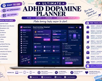 Interactive ADHD Digital Planner, AI Task Breakdown, Focus Timer (HTML Download)
