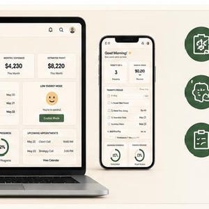 May include: A digital Focusflow ADHD business planner displayed on a laptop and smartphone screen. The interface features interactive tabs, financial dashboards, and text stating: All-in-one system, 100% offline, ADHD-friendly design, lifetime access, easy to use, and Plan less. Focus better. Grow your business.