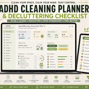 Puede incluir: Un planificador de limpieza y lista de verificación de orden para TDAH digital en una pantalla de portátil y tableta. La interfaz muestra un panel con progreso de tareas, rachas de limpieza y barras de progreso en tonos verdes y beige.