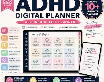 ADHD Digital Planner Bundle | Hyperlinked GoodNotes Planner | Focus, Productivity, Budget & Wellness