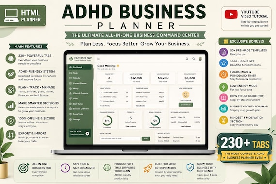 ADHD Business Planner Web App | product tracker,sales tracker | Small Business Planner Online | Entrepreneur Organizer 220 Pages