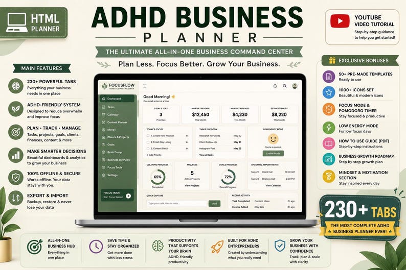 May include: A digital ADHD Business Planner displayed on a laptop screen, featuring a dashboard with task lists, financial summaries, and project progress trackers. The layout includes sidebars for navigation, icons for features, and text detailing business management tools.