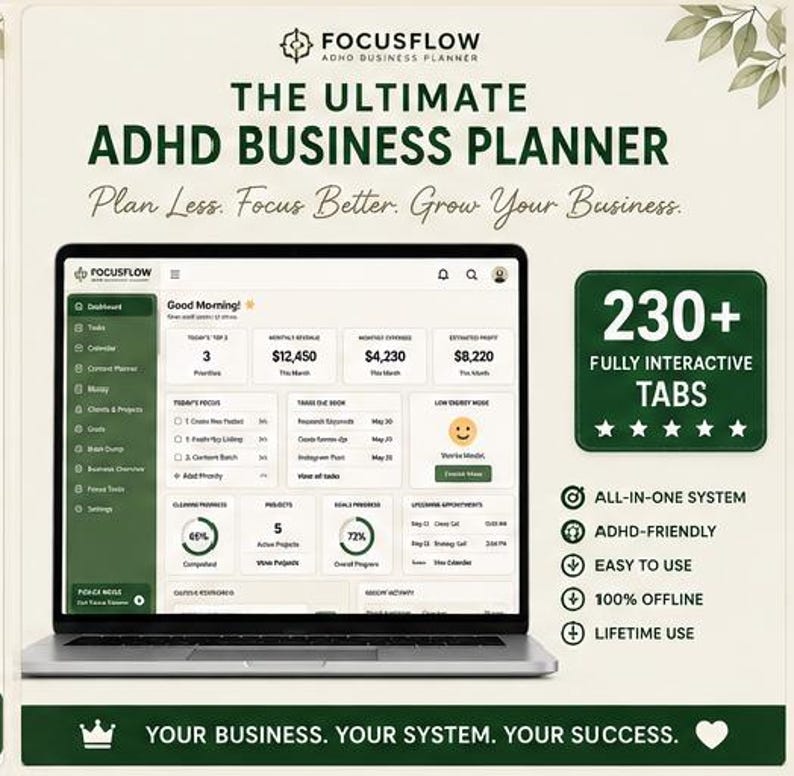 May include: A digital business planner displayed on a laptop screen, titled Focusflow ADHD Business Planner. The interface shows a dashboard with revenue, expenses, profit, tasks, and project progress. Text includes 230+ Fully Interactive Tabs.