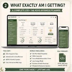 May include: A digital business planner displayed on a laptop and smartphone screen, featuring a dashboard with task lists, financial summaries, and progress charts. The interface uses a dark green and white color scheme with the text FocusFlow.