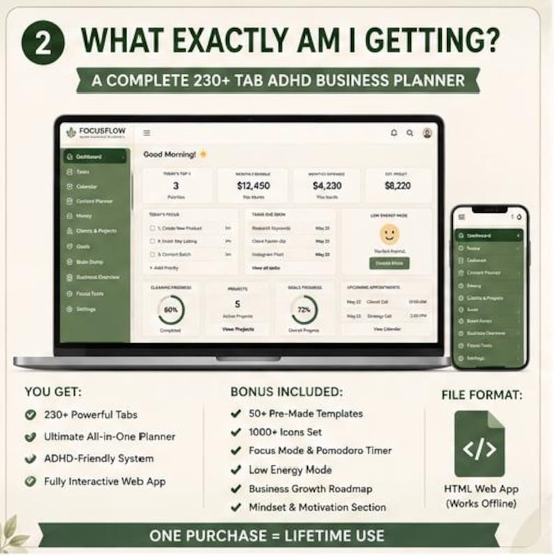 May include: A digital business planner displayed on a laptop and smartphone screen, featuring a dashboard with task lists, financial summaries, and progress charts. The interface uses a dark green and white color scheme with the text FocusFlow.