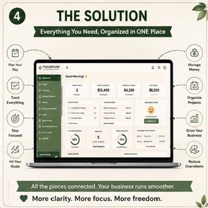 May include: A laptop screen displaying the FocusFlow business dashboard interface with sections for daily tasks, revenue, expenses, and project progress. The screen is surrounded by eight circular icons with labels for business management.
