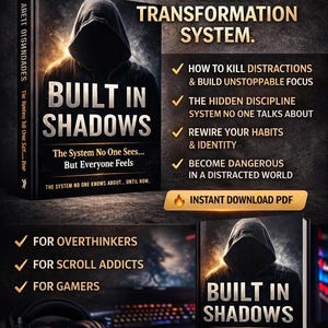 May include: Digital download ebook cover titled "Built in Shadows" with a hooded figure. The cover text includes "The System No One Sees... But Everyone Feels." Additional text highlights the ebook's focus on mental transformation, focus, and habit rewiring.