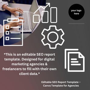 Puede incluir: Una plantilla de marketing digital con un portátil, una lista de verificación e iconos de infografía. El texto dice: "Esta es una plantilla de informe SEO editable. Diseñada para agencias de marketing digital y autónomos."