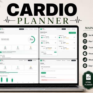 May include: A laptop screen displaying a digital Cardio Planner interface with four quadrants showing a dashboard, weekly planner, progress tracking, and settings. The text reads Cardio Planner and Main Features with icons for goals, workouts, and progress.