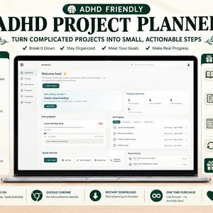 May include: A laptop displaying an ADHD Friendly ADHD Project Planner dashboard. The screen shows project management features, progress summaries, and task lists. Surrounding text details features like project dashboard, task management, and bonus guides.