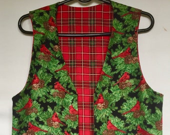 Vesties Christmas Cardinal in Pine Tree Plaid Reverse Holiday Women's Reversible Vest Size Small