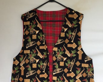 Musical Instruments Christmas Holiday Men's Reversible Vest Red Plaid Reverse Man Size L