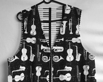 Vesties Black & White Musical Instruments Vest Men's Size Large  Cello Violin Saxophone Trumpet Tuba French Horn Notes or Piano Keys Reverse