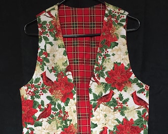 Christmas Poinsettia &  Cardinals on Cream Red Plaid Reverse Men's Women's Reversible Vest