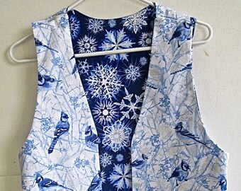 Winter Frosted Blue Birds, Snow Flakes Reverse Holiday Christmas Women's Reversible Vest Size XL