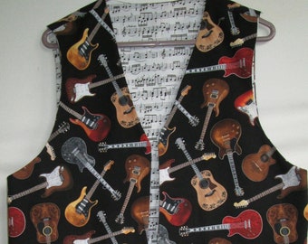 Vesties Guitar Theme Men's Women's Musical Reversible Vest Acoustic and Electric,  Notes on White Sheet Music Reverse