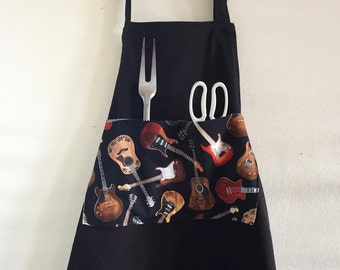 Guitar Musical Theme Black Denim  Men's Women's Bib Chef Grill Barbeque Apron