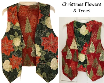 Vesties Snow Flower Poinsettia,Christmas Trees Reverse Men's Women's Holiday Reversible Vest