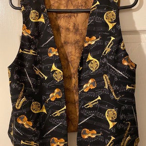 Vesties Orchestra Musical Instruments Violin Flute French Horn Trumpet Saxophone Brown Tonal Reverse Mens Women&#39;s Musical Vest