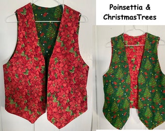 Vesties Christmas Poinsettia, Christmas Trees Reverse Man's Woman's Holiday Reversible Vest