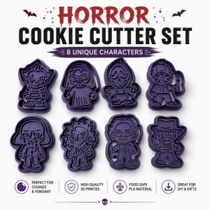 Op de afbeelding: Een set van acht paarse plastic koekjesvormen met horror-karakterontwerpen. De tekst luidt HORROR COOKIE CUTTER SET, 8 UNIQUE CHARACTERS, PERFECT FOR COOKIES & FONDANT, HIGH QUALITY 3D PRINTED, FOOD SAFE PLA MATERIAL, GREAT FOR DIY & GIFTS.