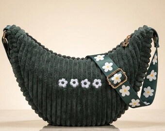 Personalized Corduroy Crescent Bag Green | Handmade in Germany