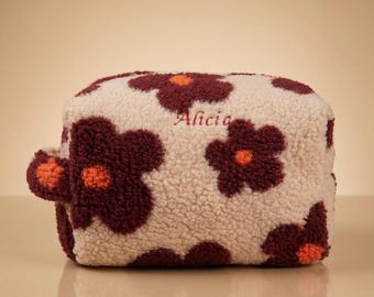 Personalized Teddy Fleece Toiletry Bag with Flower | Embroidered Makeup Bag with Name | Gift for Her | Boho Cosmetic Bag | Cozy Makeup Bag