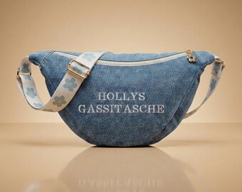 Personalized Velvet Crescent Dog Walking Bag in Jeans | Handmade in Germany