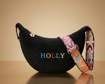Personalized Corduroy Crescent Bag, Black | Floral Strap | Handmade in Germany