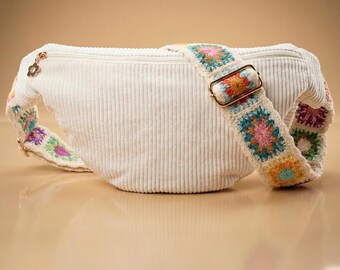 Personalized Corduroy Crescent Bag White | Handmade in Germany
