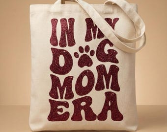 In My Dog Mom Era Glitter Jute Bag | Canvas Tote Bag with Retro Print | Sustainable Bag for Dog Owners